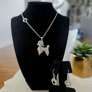Silver Chain Necklace Poodle Dog Rhinestone Pendant Paw Print Earrings Set